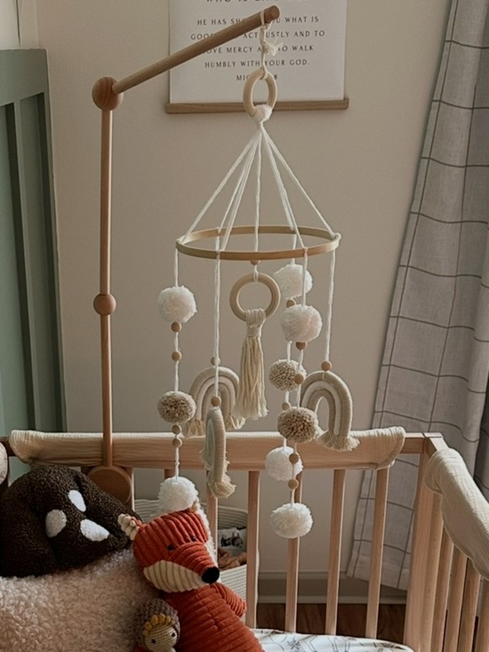 Neutral Boho Rainbow Baby Mobile for Nursery with Wooden Arm